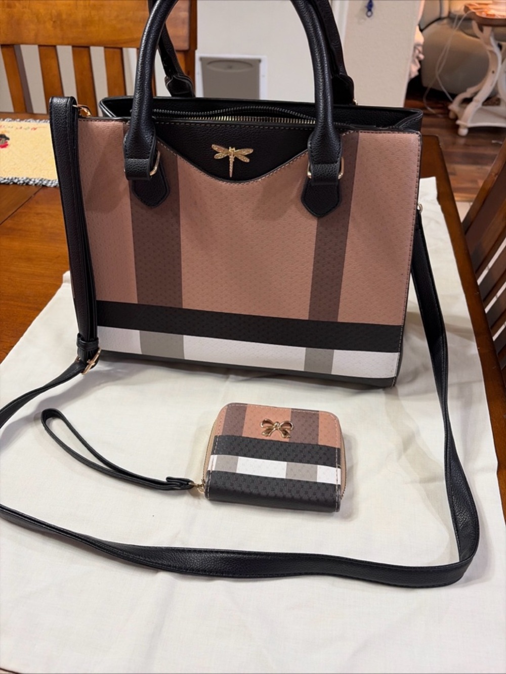 Striped beige and Black Satchel with Matching Wallet